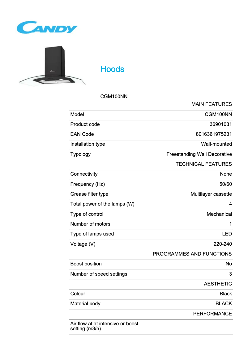 Page 1 de la notice Fiche technique Candy CGM100NN