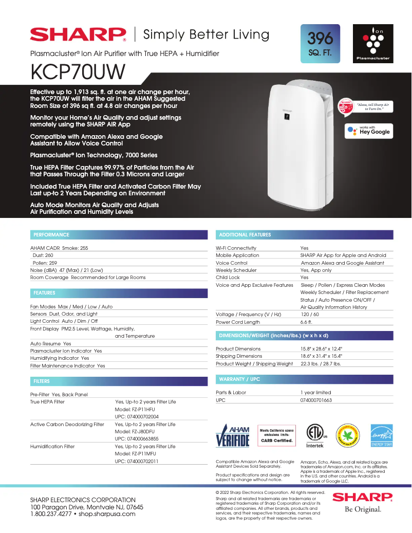 Page 1 de la notice Fiche technique Sharp KCP70UW