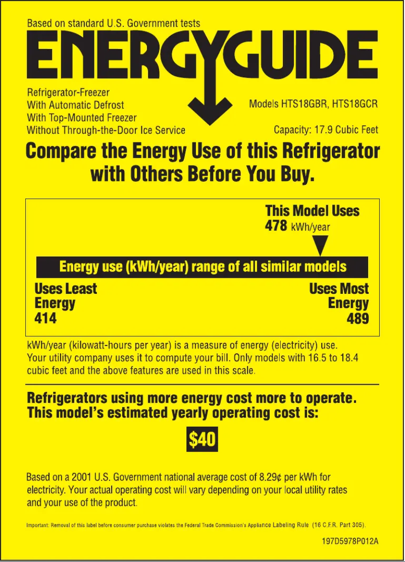 Page 1 de la notice Label énergétique Hotpoint HTS18GCRCC