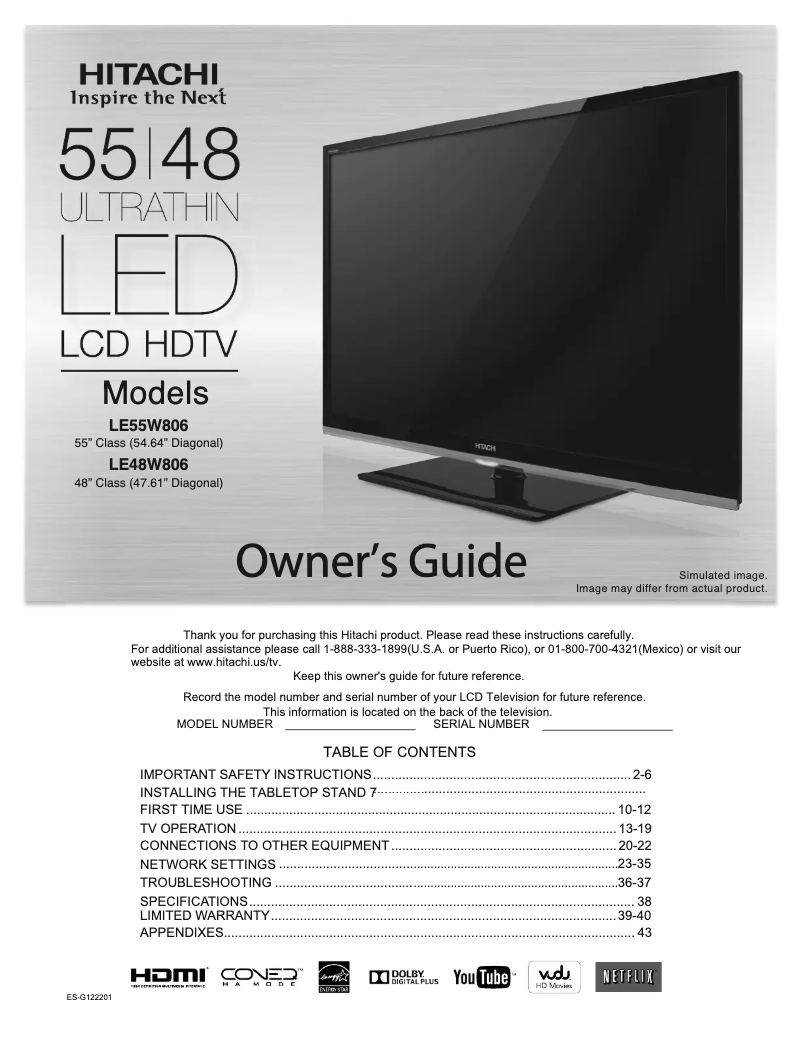 Page n°1 - Manuel utilisateur Hitachi LE55W806