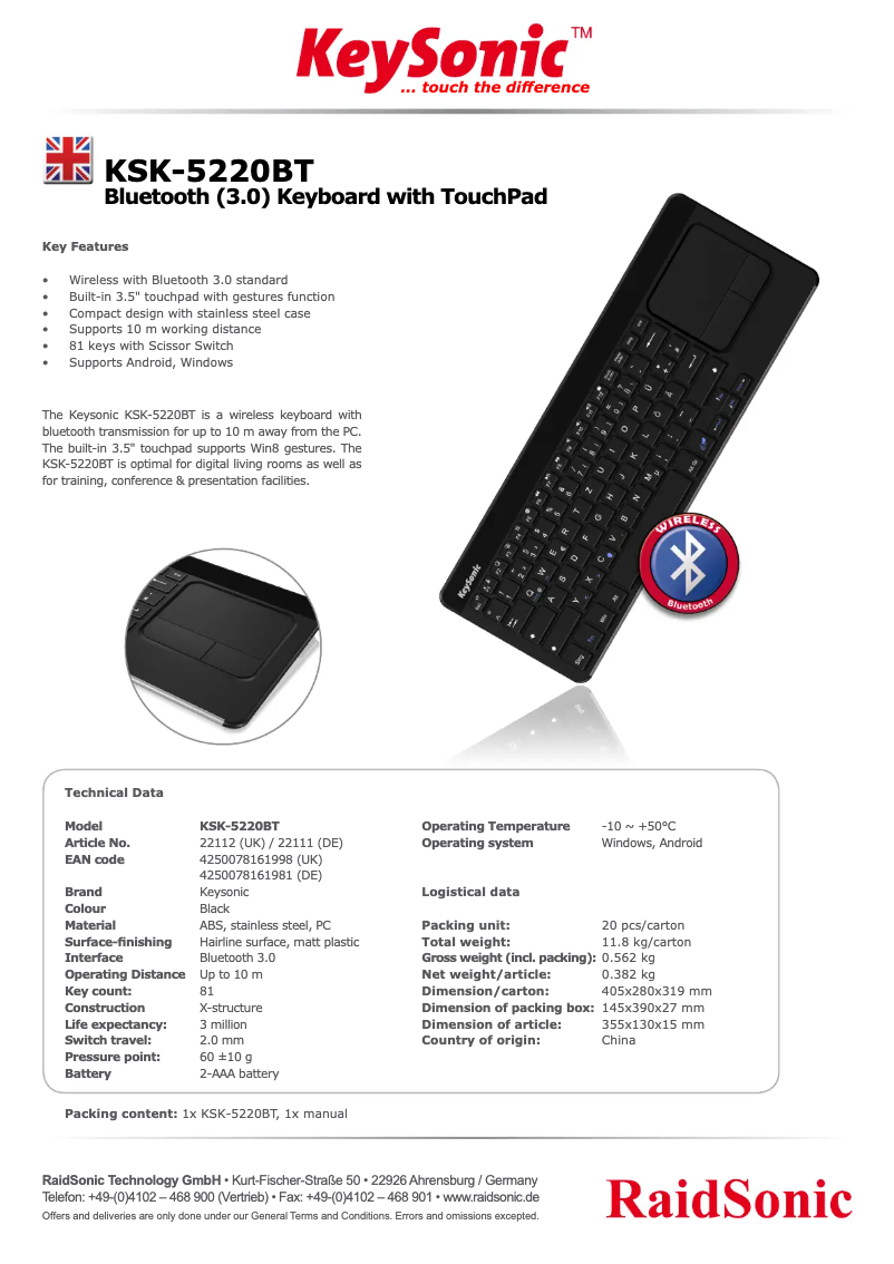 Page n°1 - Fiche technique KeySonic KSK-5220BT