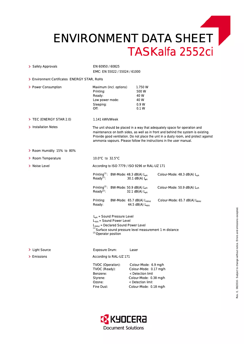 Page 1 de la notice Fiche technique Kyocera TASKalfa 2552ci