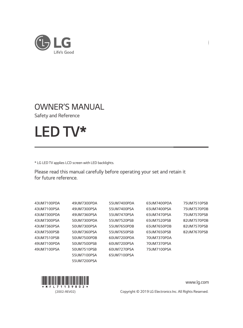 Page 1 de la notice Manuel utilisateur LG 50UM7300PSA