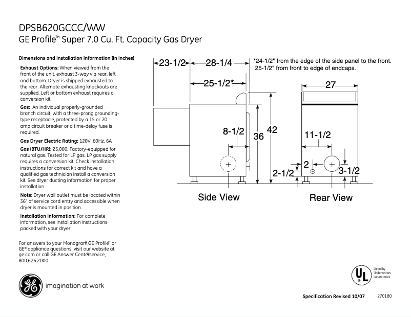 Page n°1 - Fiche technique GE Profile DPSB620GCWW