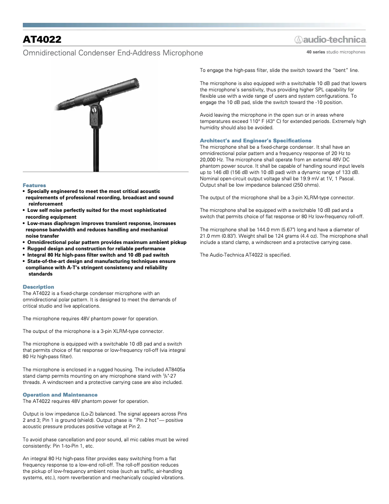 Page n°1 - Guide de démarrage rapide Audio-Technica AT4022