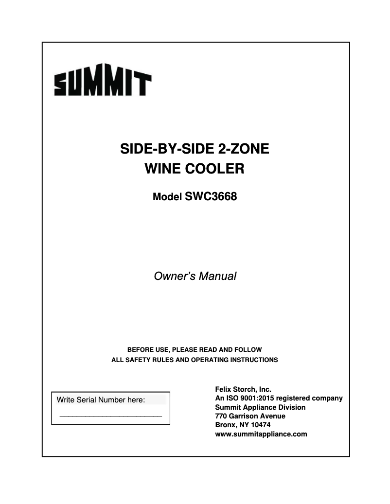 Page n°1 - Manuel d'utilisation et d'entretien Summit SWC3668ADA