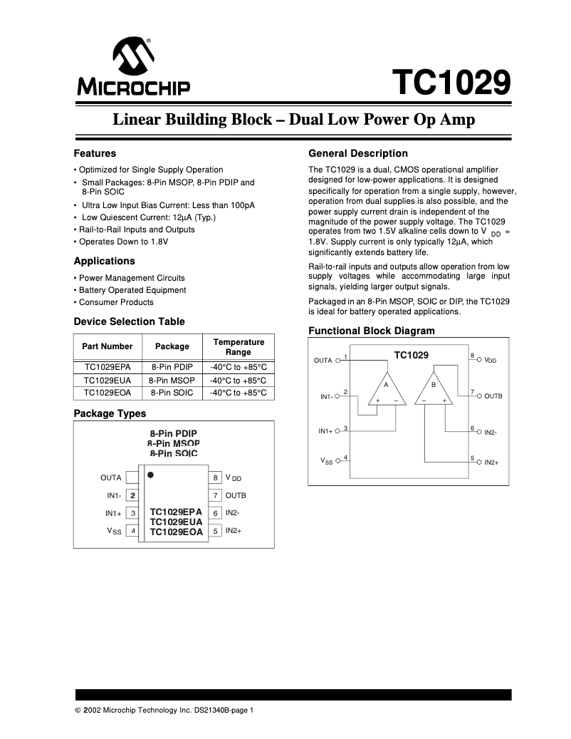 Page 1 de la notice Fiche technique Microchip TC1029