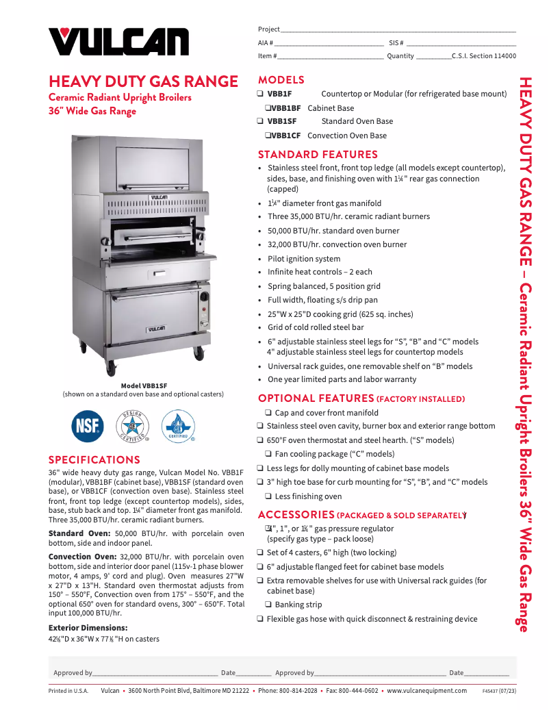 Page 1 de la notice Fiche technique Vulcan VBB1CF