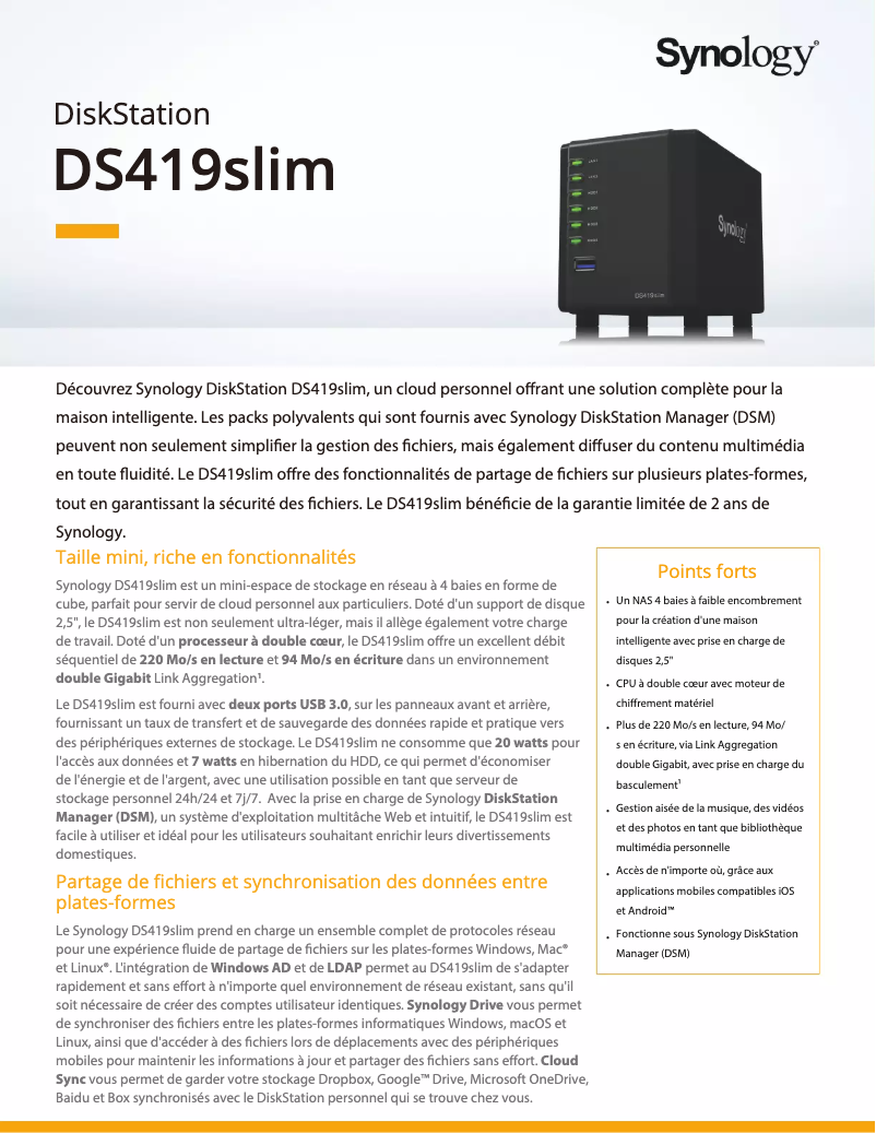 Page 1 de la notice Fiche technique Synology DS419slim