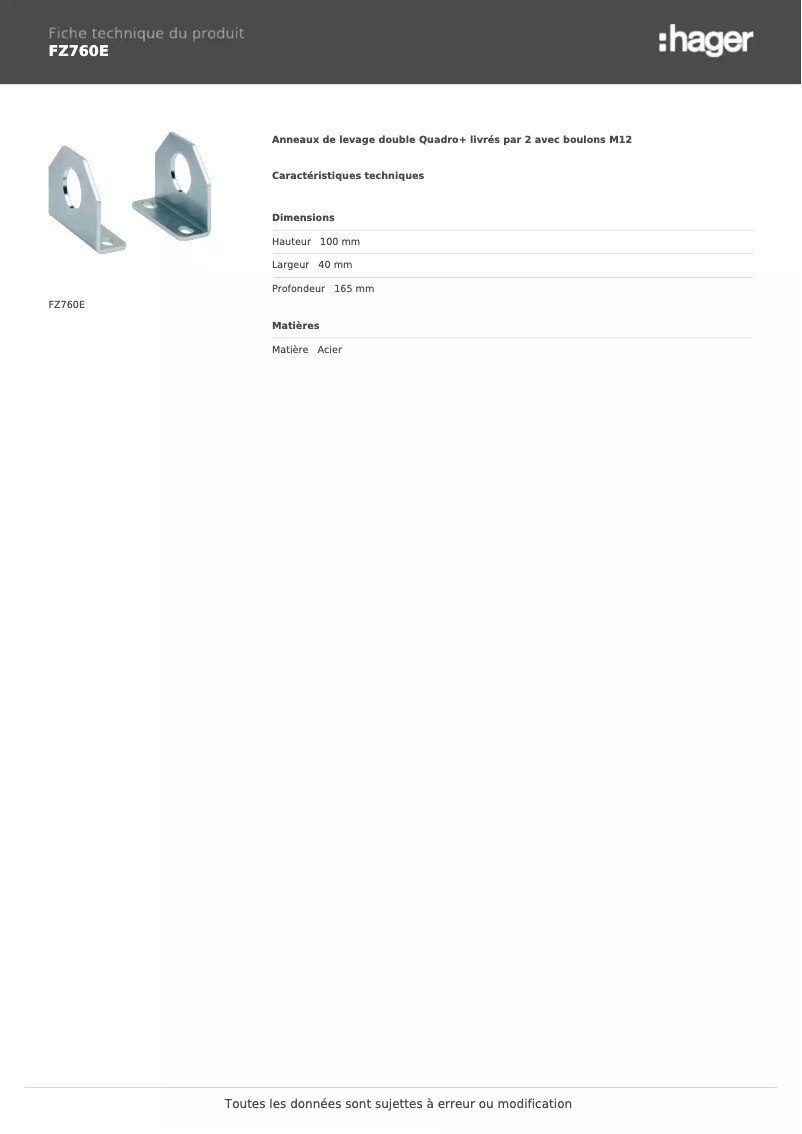 Page 1 de la notice Fiche technique Hager FZ760E