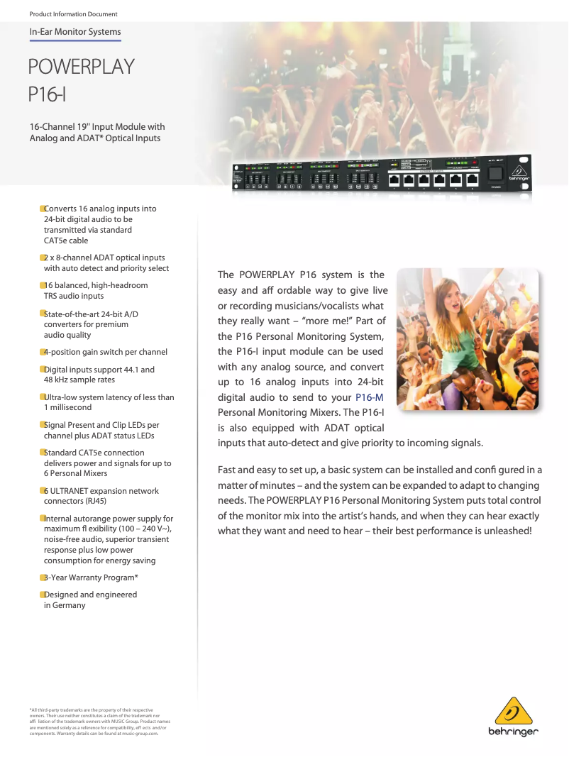 Page 1 de la notice Fiche technique Behringer Powerplay P16-I