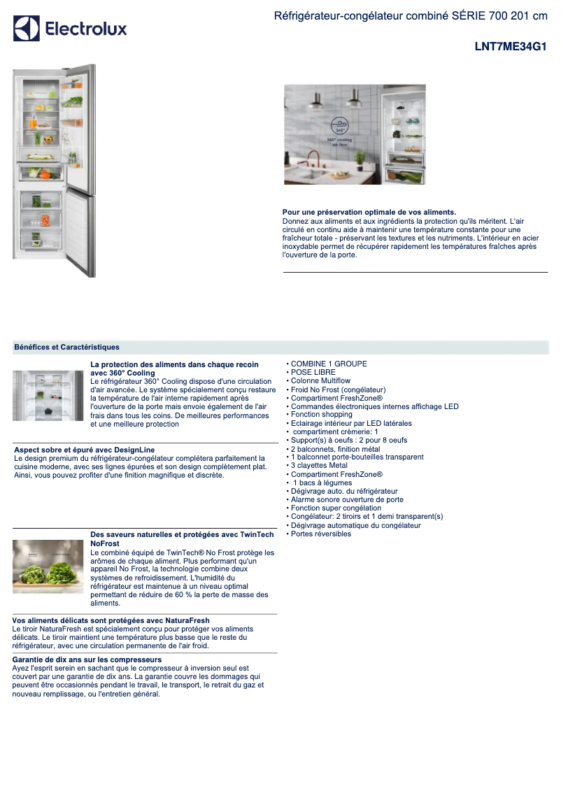 Page 1 de la notice Fiche technique Electrolux LNT7ME34G1