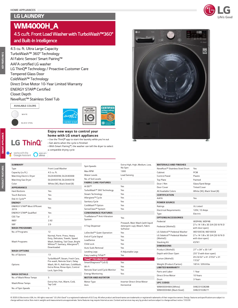 Page 1 de la notice Fiche technique LG WM4000HBA