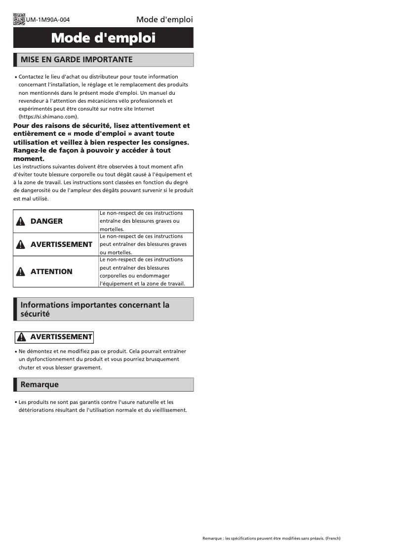 Page 1 de la notice Manuel utilisateur Shimano EW-CL300-M