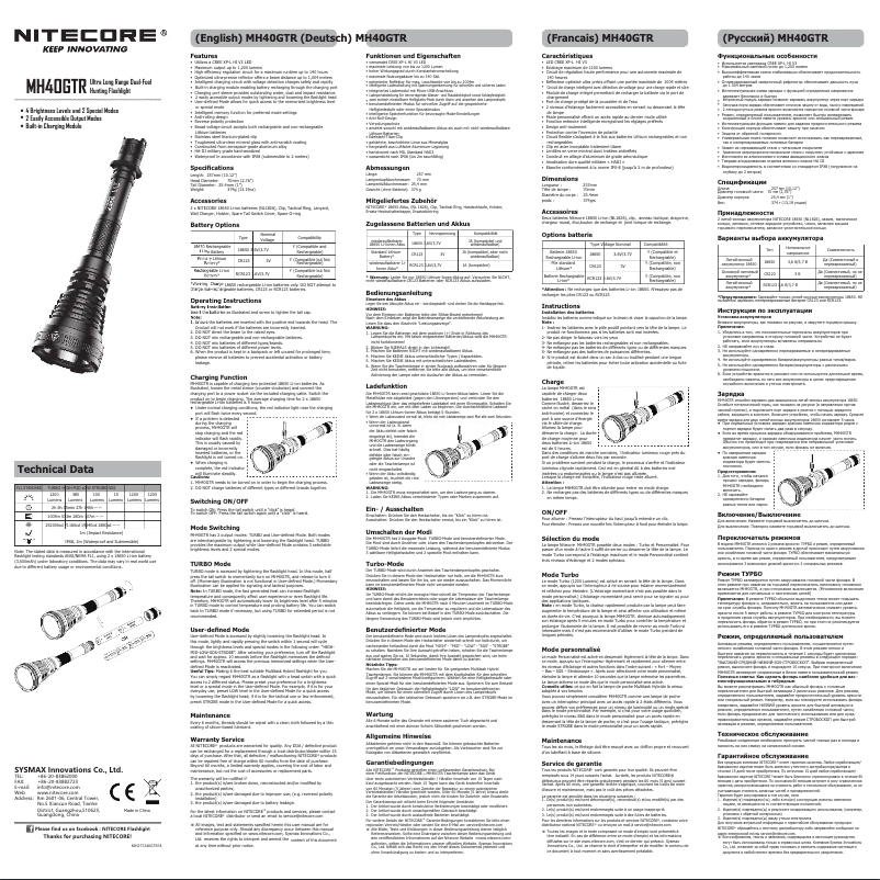 Page 1 de la notice Manuel utilisateur Nitecore MH40GTR
