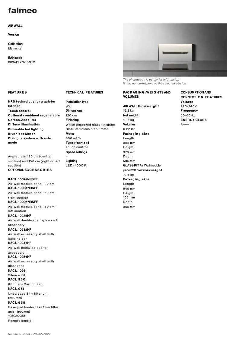 Page 1 de la notice Fiche technique Falmec Air Wall