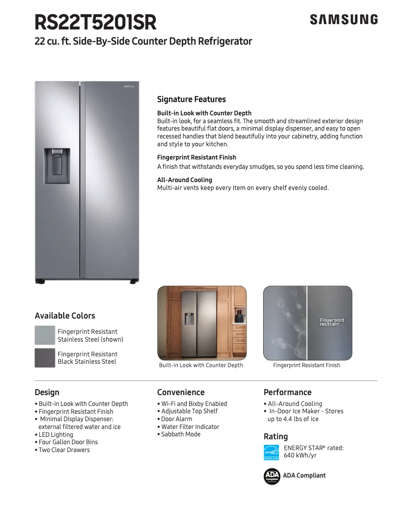 Page 1 de la notice Fiche technique Samsung RS22T5201SG/AA