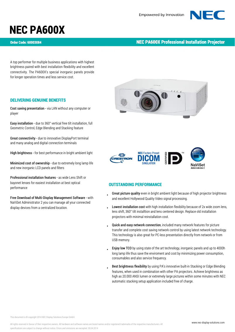 Page 1 de la notice Fiche technique NEC PA600X