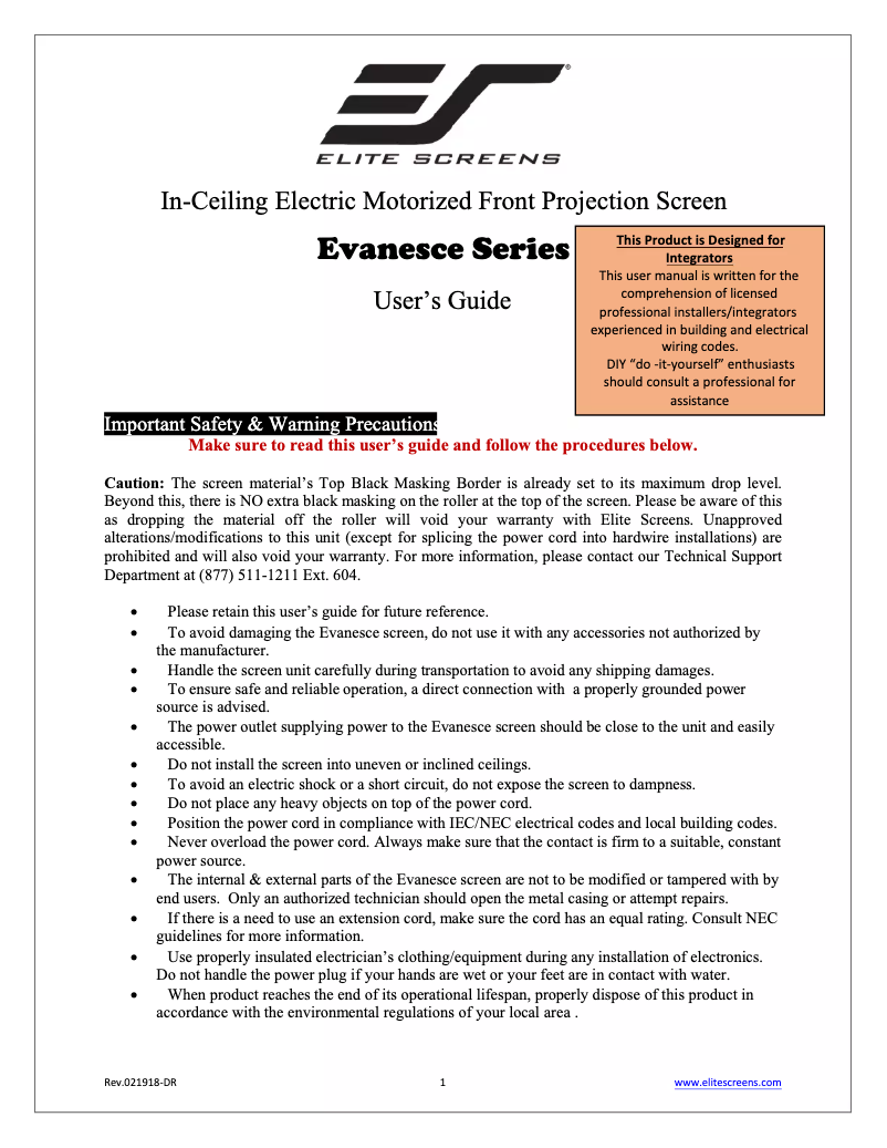 Page 1 de la notice Manuel utilisateur Elite Screens Evanesce IHome114XW2