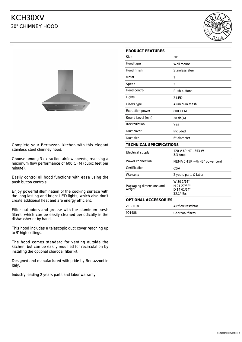Page 1 de la notice Fiche technique Bertazzoni KCH30XV