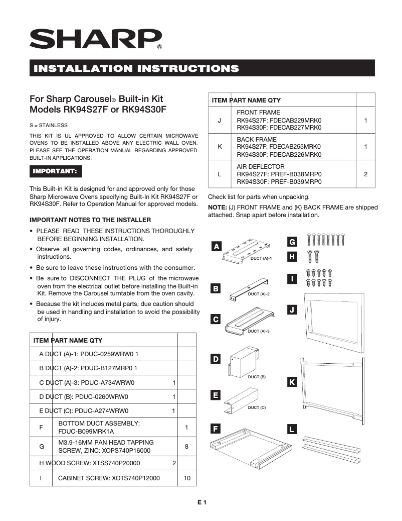 Page n°1 - Manuel utilisateur Sharp RK94S30F