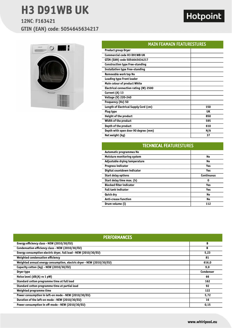 Page 1 de la notice Fiche technique Hotpoint H3 D91WB UK