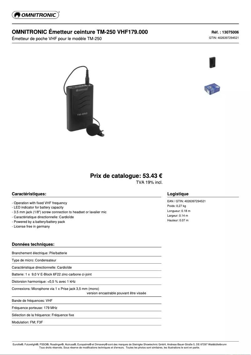 Page n°1 - Fiche technique Omnitronic TM-250