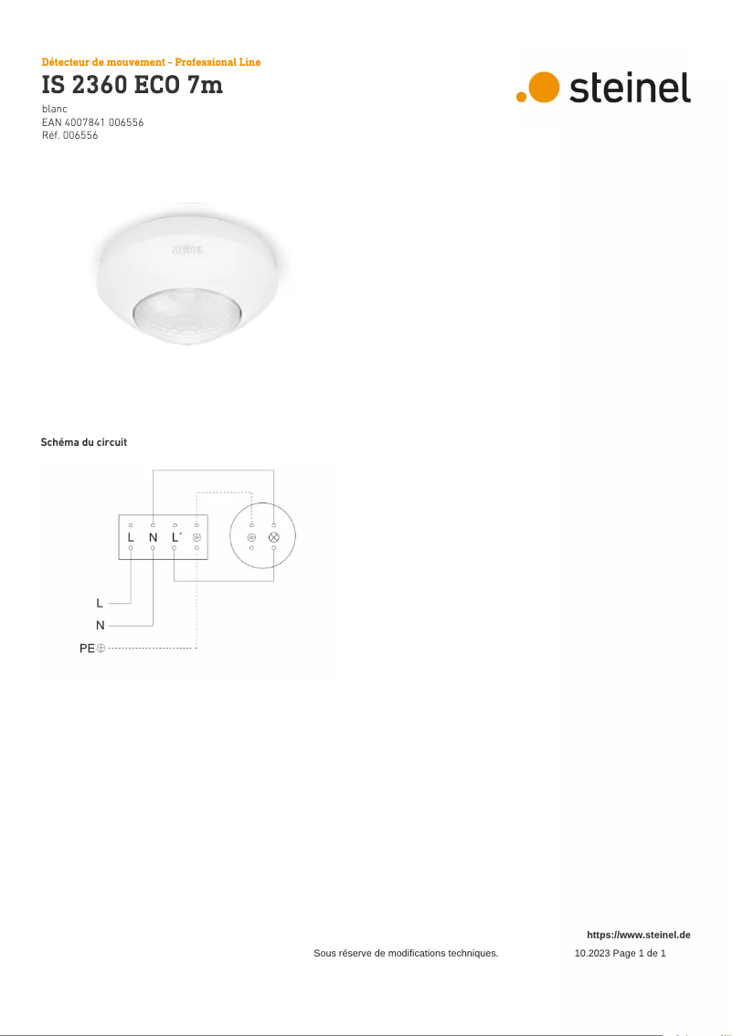 Page 1 de la notice Schéma de câblage Steinel IS 2360 ECO 7m