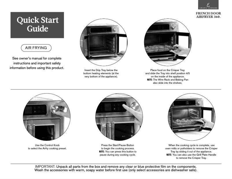 Page 1 de la notice Guide de démarrage rapide Emeril Lagasse French Door AirFryer 360 FAFO-001