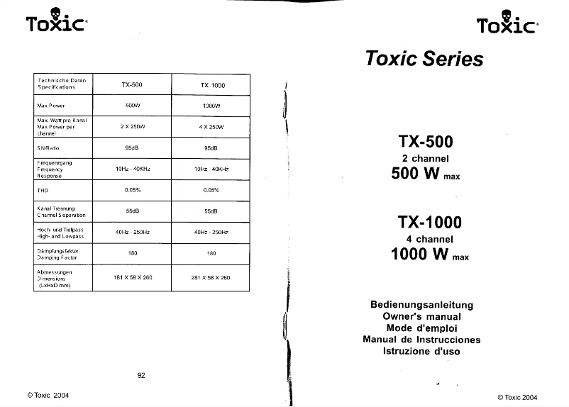 Page 1 de la notice Manuel utilisateur Toxic TX-500