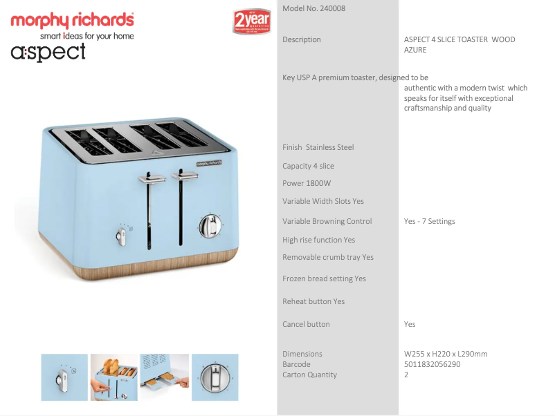Page 1 de la notice Fiche technique Morphy Richards Aspect 240008