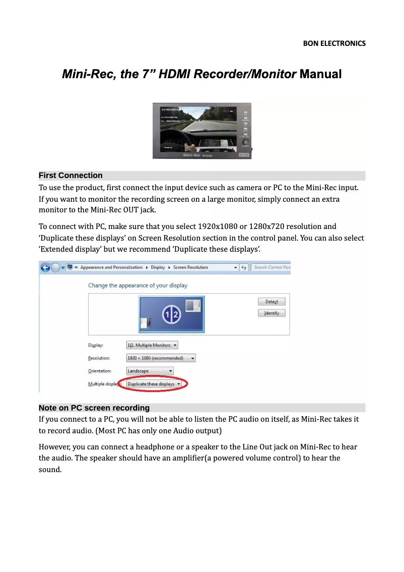Page n°1 - Manuel utilisateur Bon Mini-Rec