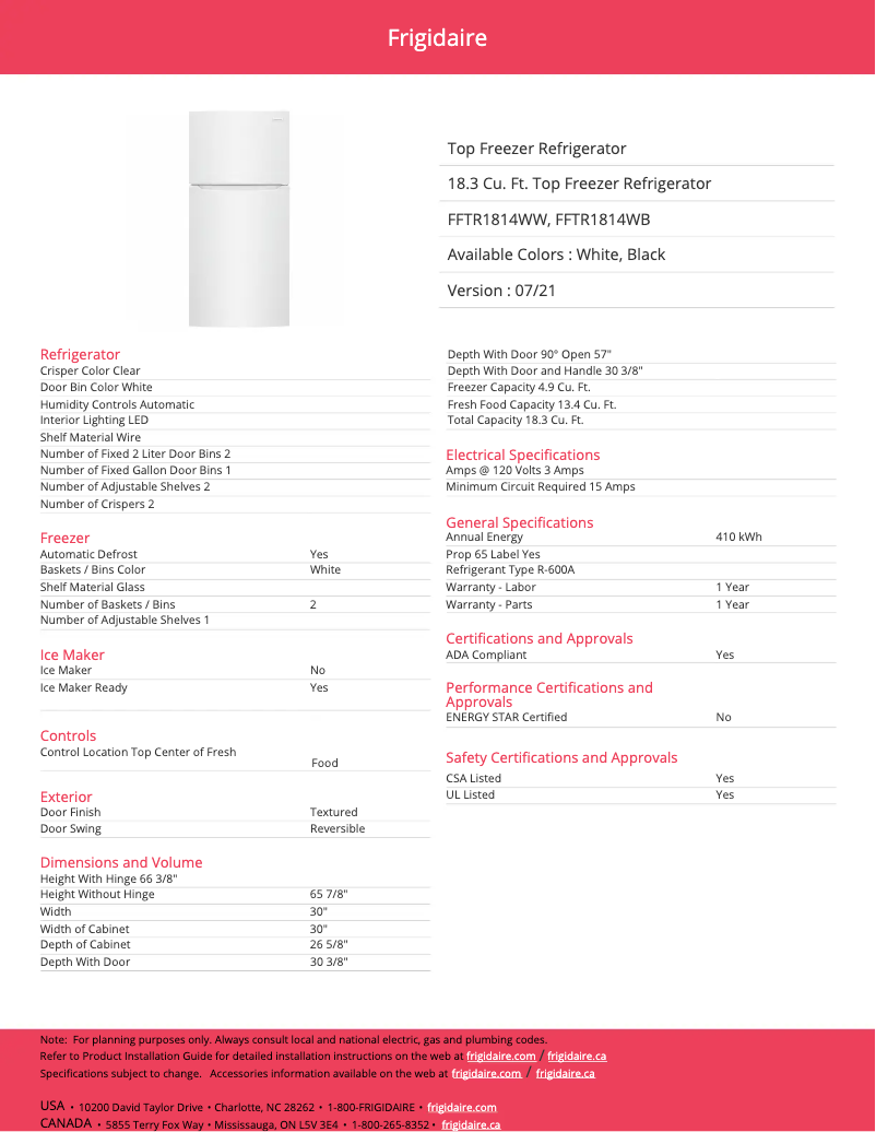 Page 1 de la notice Fiche technique Frigidaire FFTR1814WW