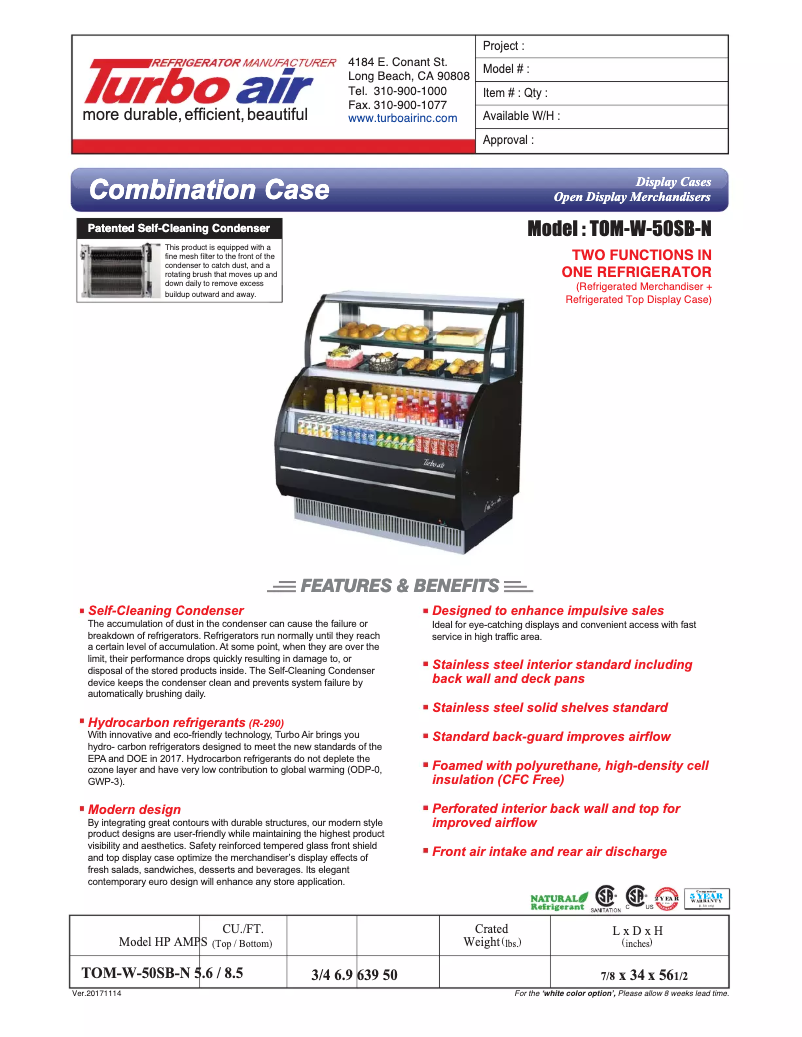 Page 1 de la notice Fiche technique Turbo air TOM-W-50SB