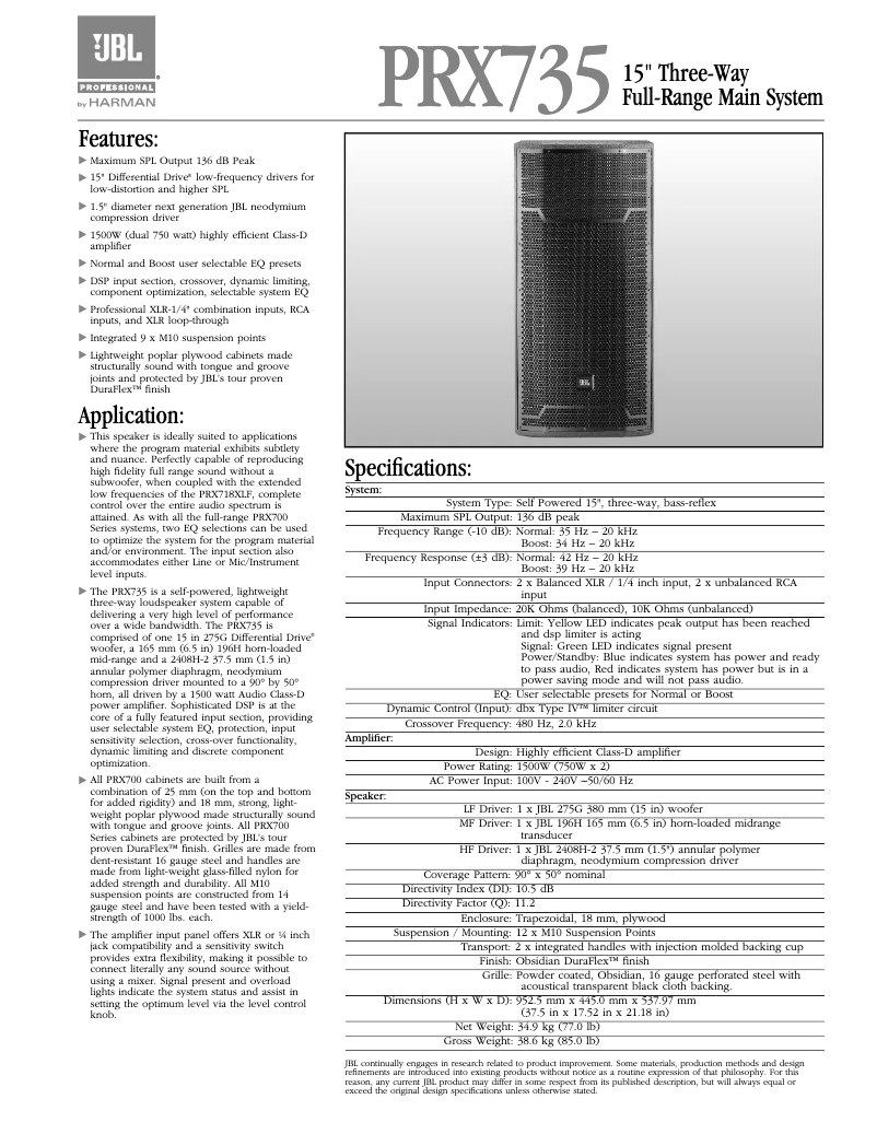 Page 1 de la notice Fiche technique JBL PRX735