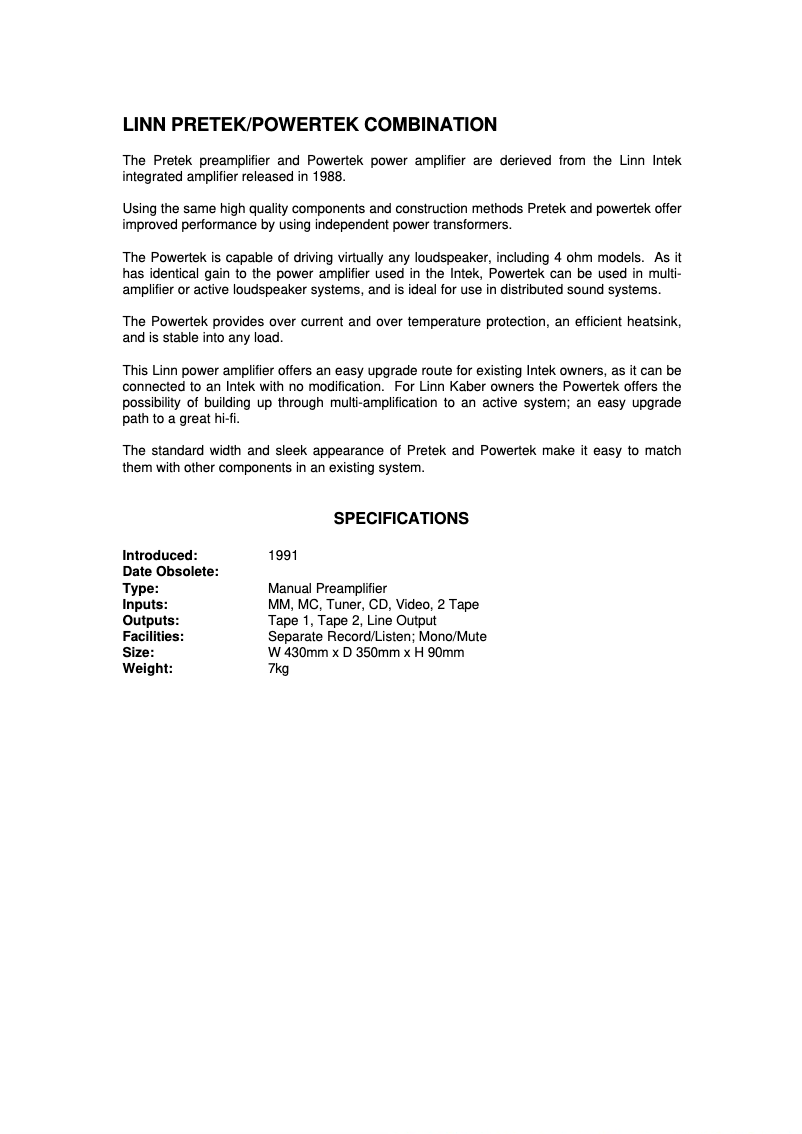 Page 1 de la notice Manuel utilisateur Linn Pretek