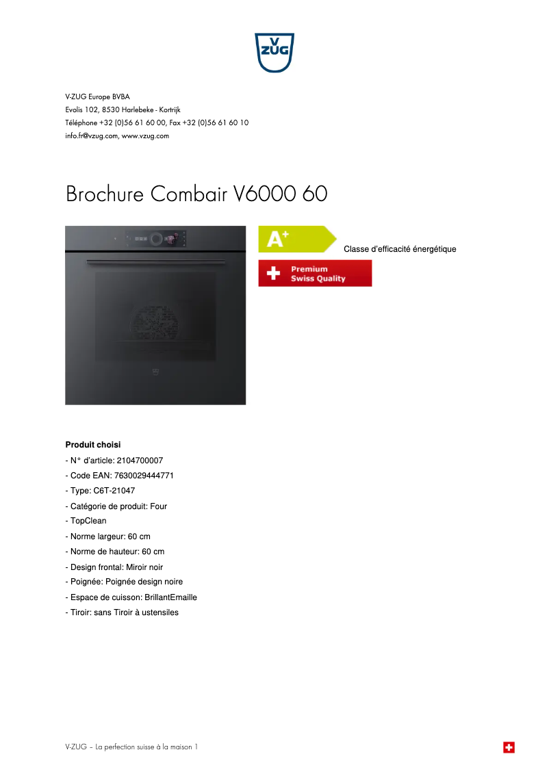 Page 1 de la notice Brochure V-Zug Combair V6000 60