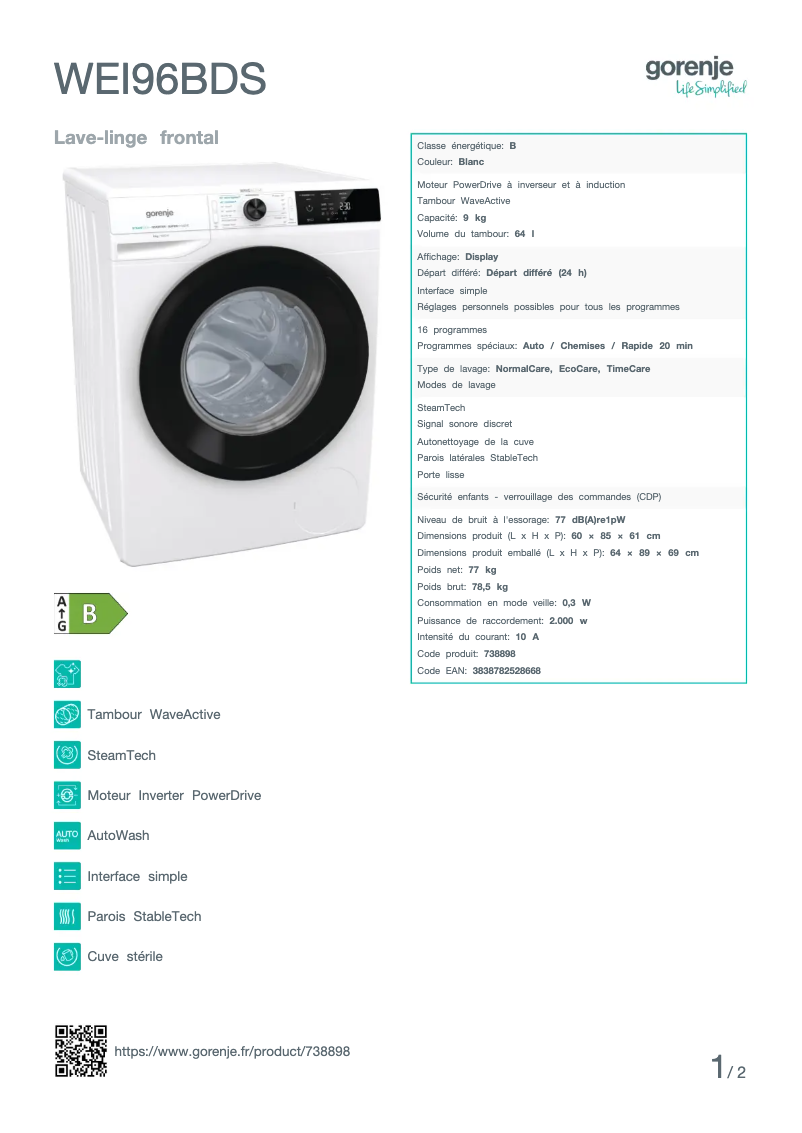 Page n°1 - Fiche technique Gorenje WEI96BDS