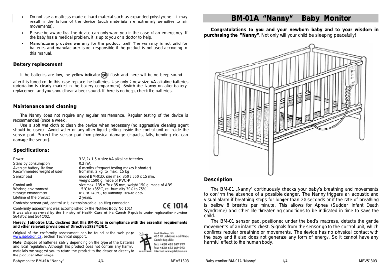 Page 1 de la notice Manuel utilisateur Joblotron BM-01 Nanny
