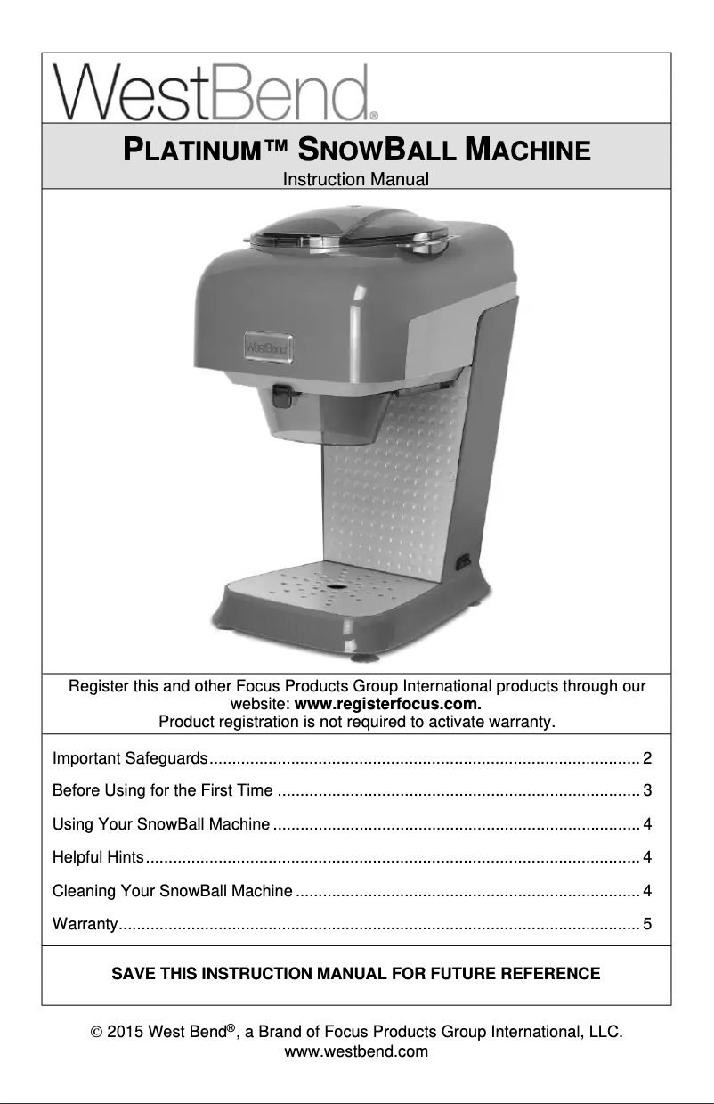 Página 1 del manual Manual de usuario WestBend Platinum Snow Ball Machine 65042