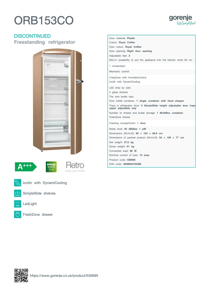 Page n°1 - Fiche technique Gorenje ORB153CO