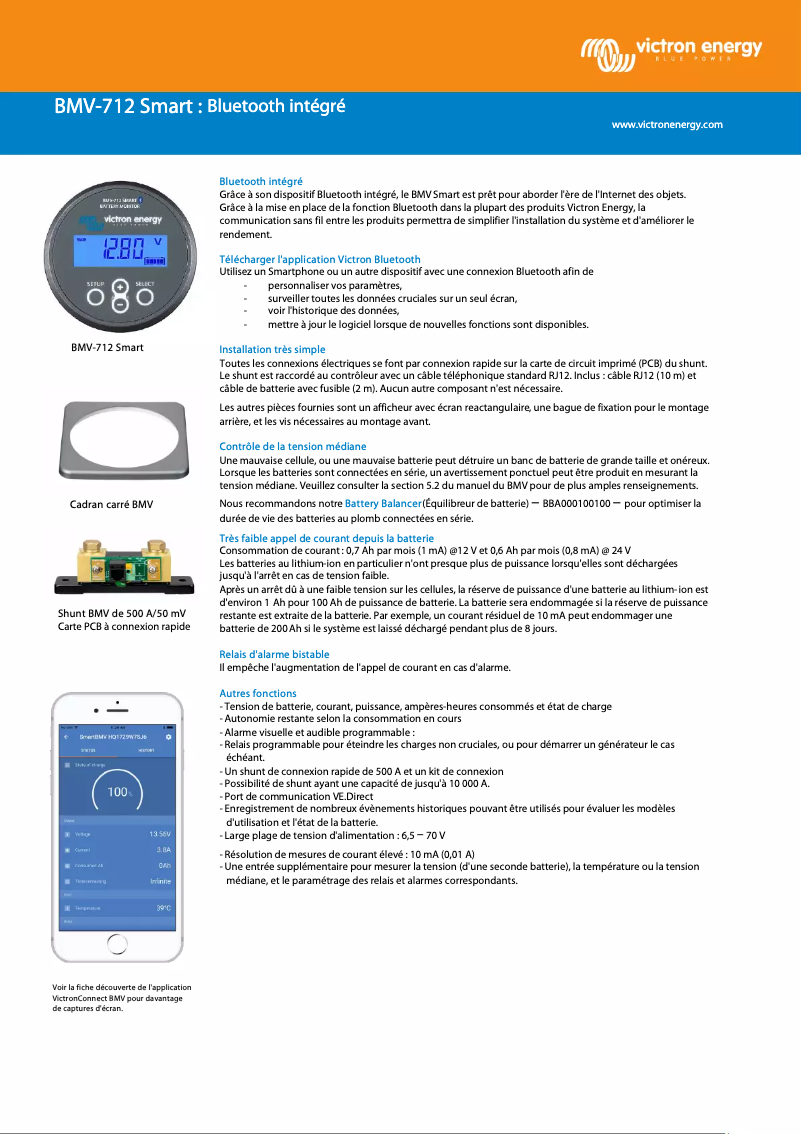 Page 1 de la notice Fiche technique Victron Energy BMV-712 Smart