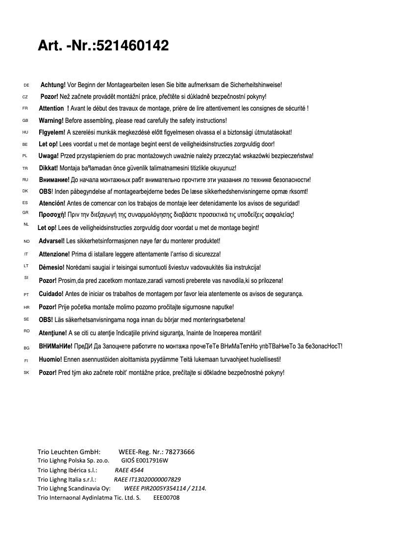 Page 1 de la notice Manuel utilisateur Trio Lighting Kama 521460142