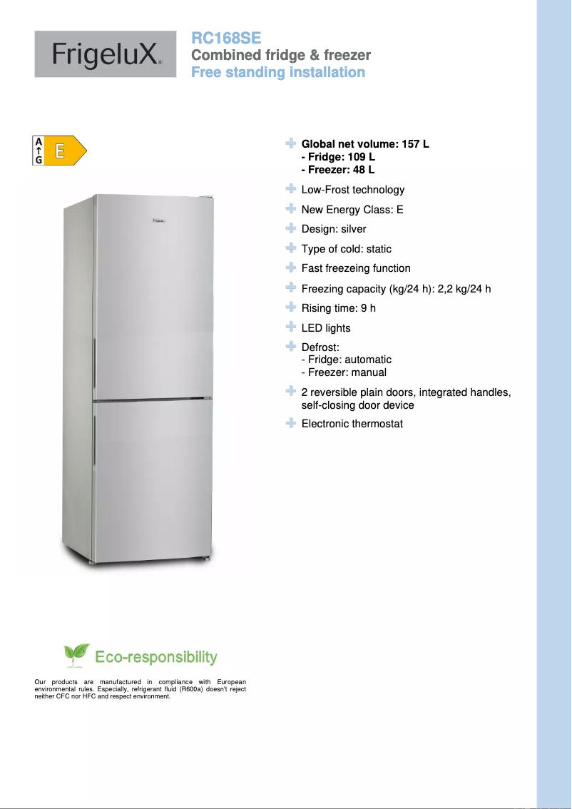 Página 1 del manual Ficha técnica FrigeluX RC168SE