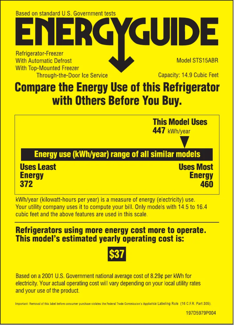 Página 1 del manual Etiqueta energética GE STS15ABRWW