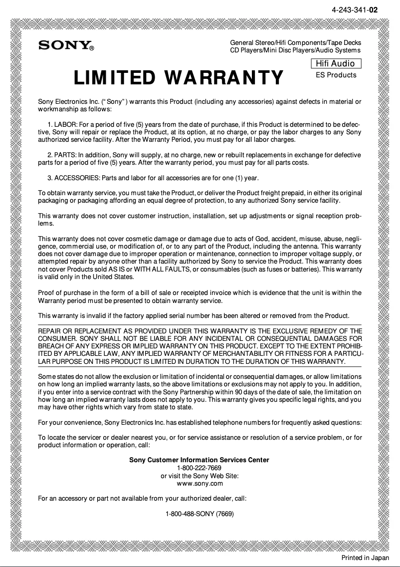 Page 1 de la notice Manuel utilisateur Sony MDS-JA50ES