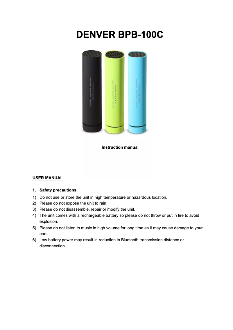 Page 1 de la notice Manuel utilisateur Denver BPB-100C