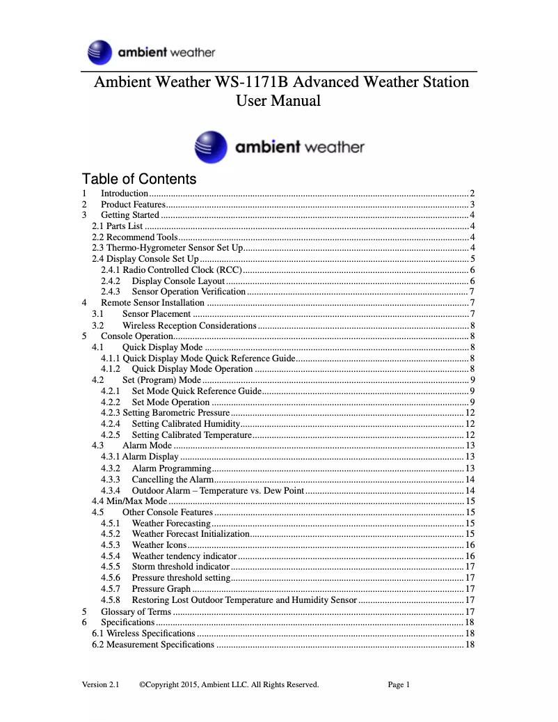 Page 1 de la notice Manuel utilisateur Ambient Weather WS-1171B
