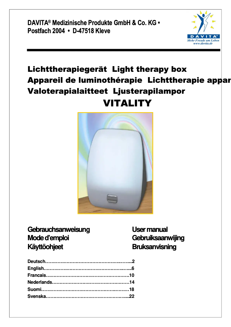 Page 1 de la notice Manuel utilisateur Davita Vitality