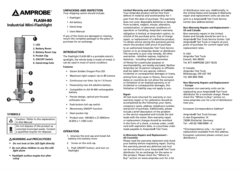 Page n°1 - Manuel utilisateur Amprobe FLASH-80
